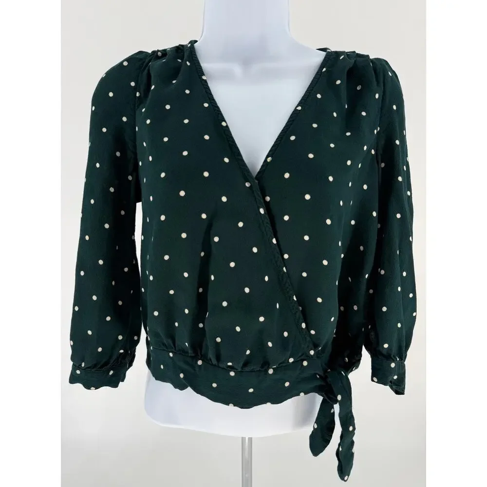 Madewell XXS Green Polka Dot Wrap Blouse Puff Sleeve Tie Waist Women’s Top